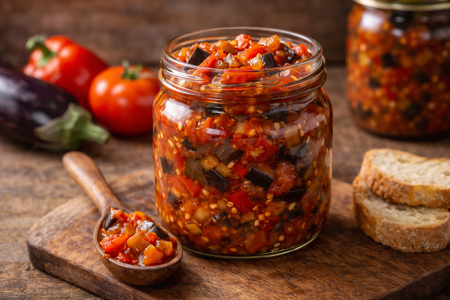 Baklažanai žiemai su pomidorais ir paprikomis: sotus konservas