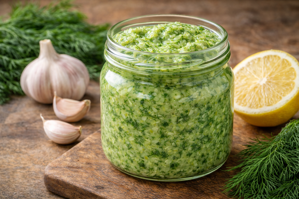 Česnako pasta su citrina ir krapais: pagardas, kuris tinka viskam