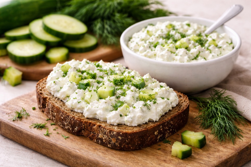Gaivi varškės užtepėlė su agurkais, ideali prie juodos duonos