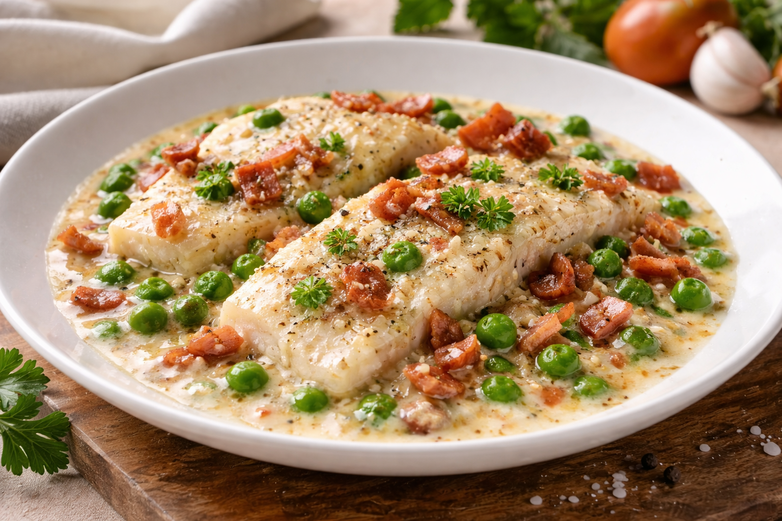 Žuvis su grietinėle, šonine ir žirneliais: net pigi žuvis čia skamba kaip šventė