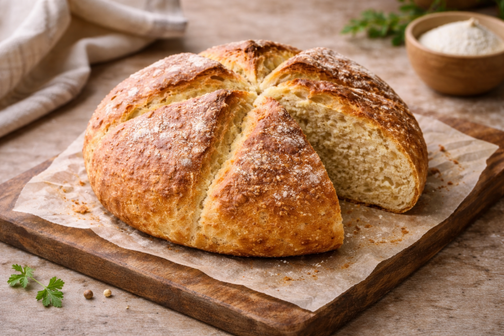 Kaimiška duona be mielių iš 3 ingredientų: kvapas, kuris užburia namus