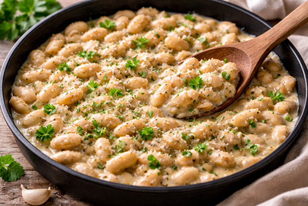 Pupelės su česnaku ir parmezanu: sotus kreminis patiekalas be mėsos