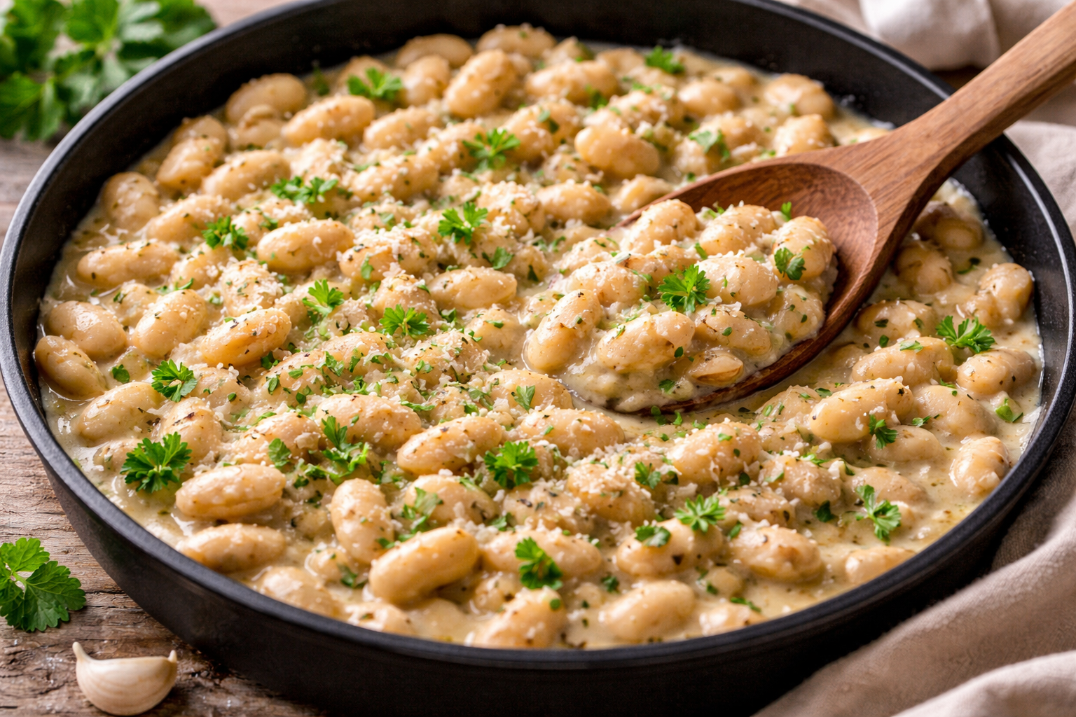 Pupelės su česnaku ir parmezanu: sotus kreminis patiekalas be mėsos