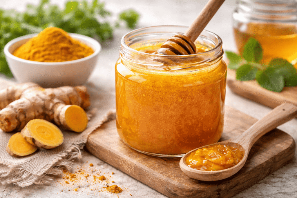 Auksinis mišinys iš medaus ir ciberžolės, kurį renkasi imunitetui