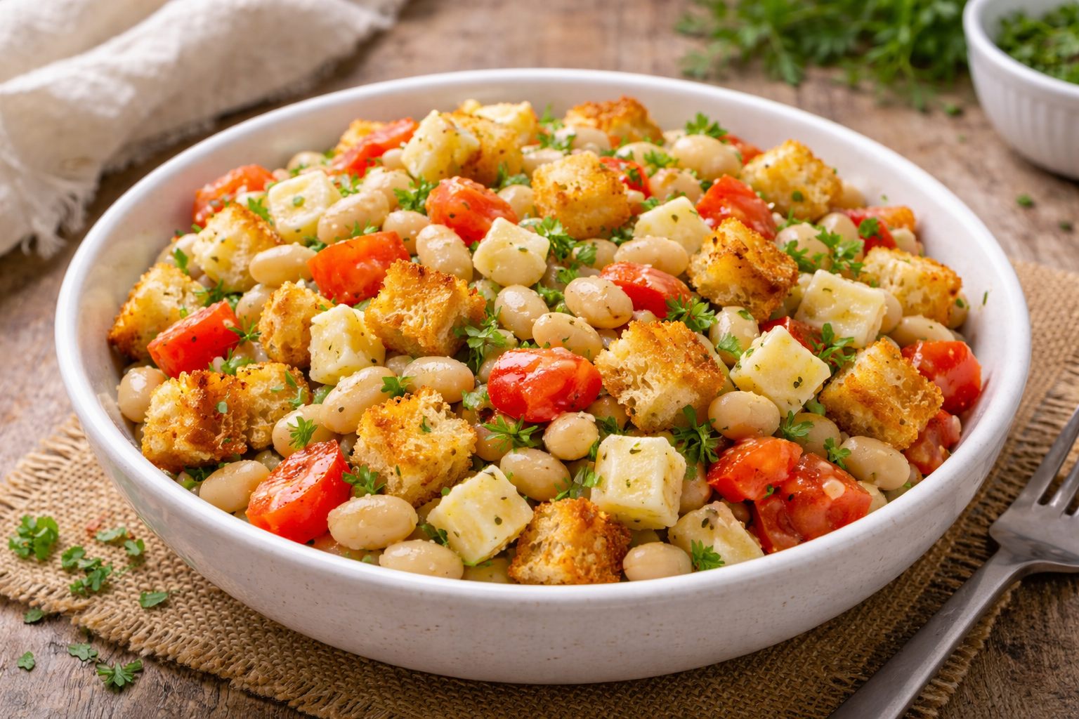 Pupelių mišrainė su duona ir sūriu – sotus patiekalas per kelias minutes