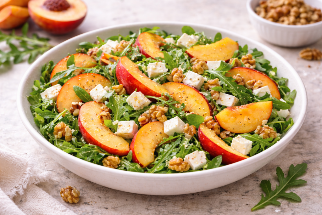 Traškios salotos su persikais ir feta: pasigaminsi per 10 minučių