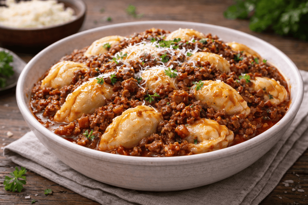 Koldūnai su jautienos padažu – sotus patiekalas šeimos pietums