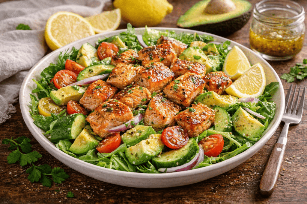 Lašišos salotos su avokadu ir citrina – sveika vakarienė per 10 minučių