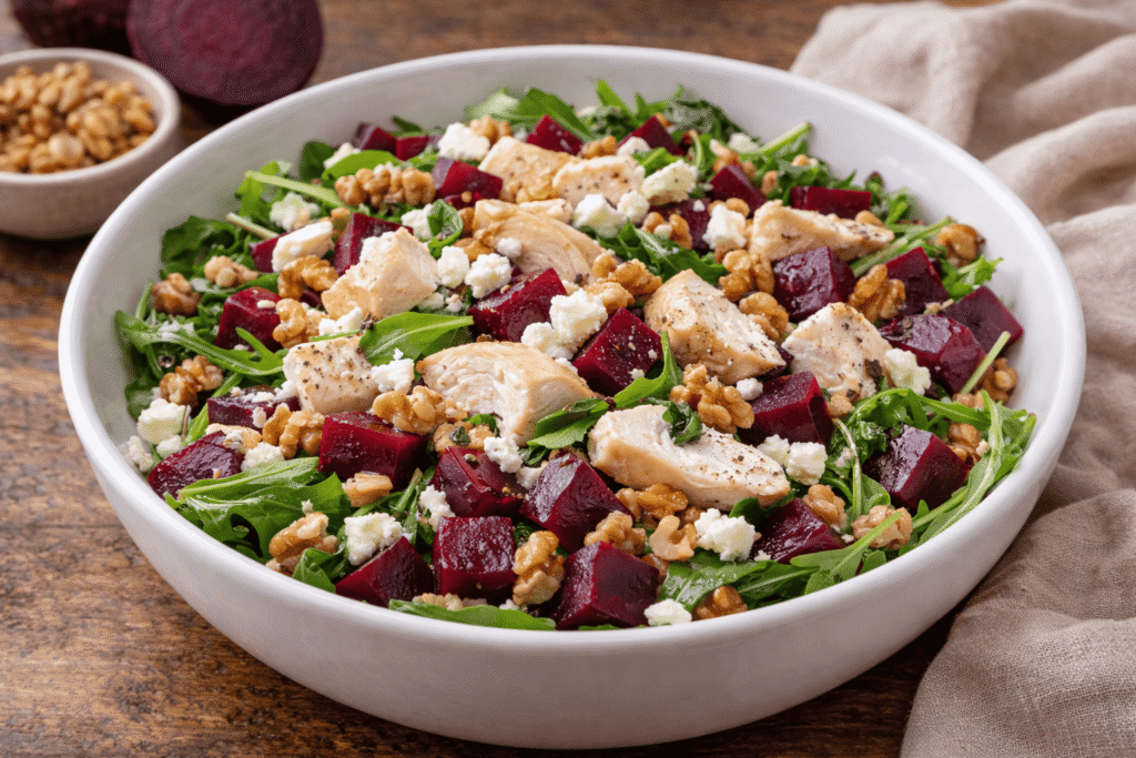 Liekninančios salotos su burokėliais, vištiena ir riešutais – sotus, bet lengvas pasirinkimas