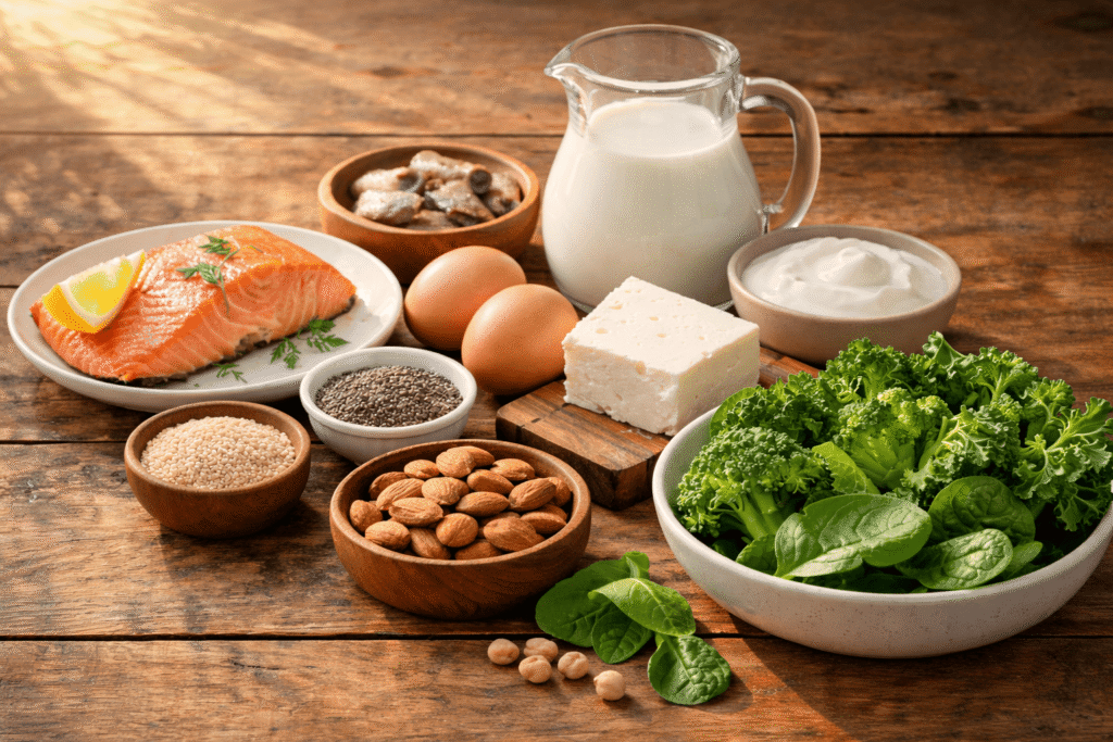 Natūralūs vitamino D ir kalcio šaltiniai stipriems kaulams be papildų