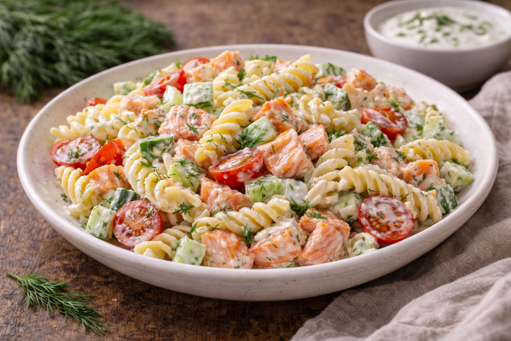 Makaronų salotos su lašiša ir jogurtiniu padažu: lengva, bet soti vakarienė