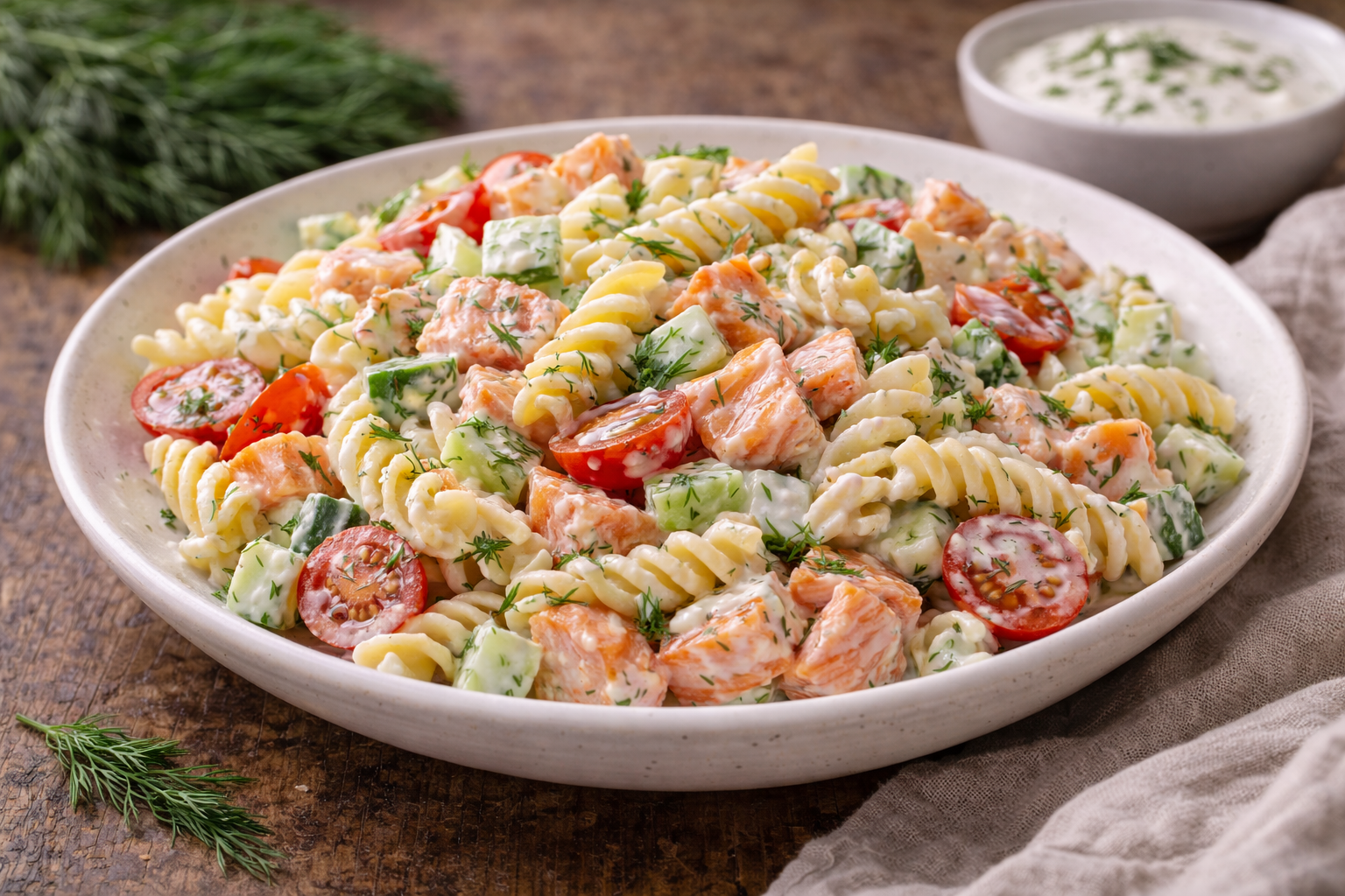 Makaronų salotos su lašiša ir jogurtiniu padažu: lengva, bet soti vakarienė