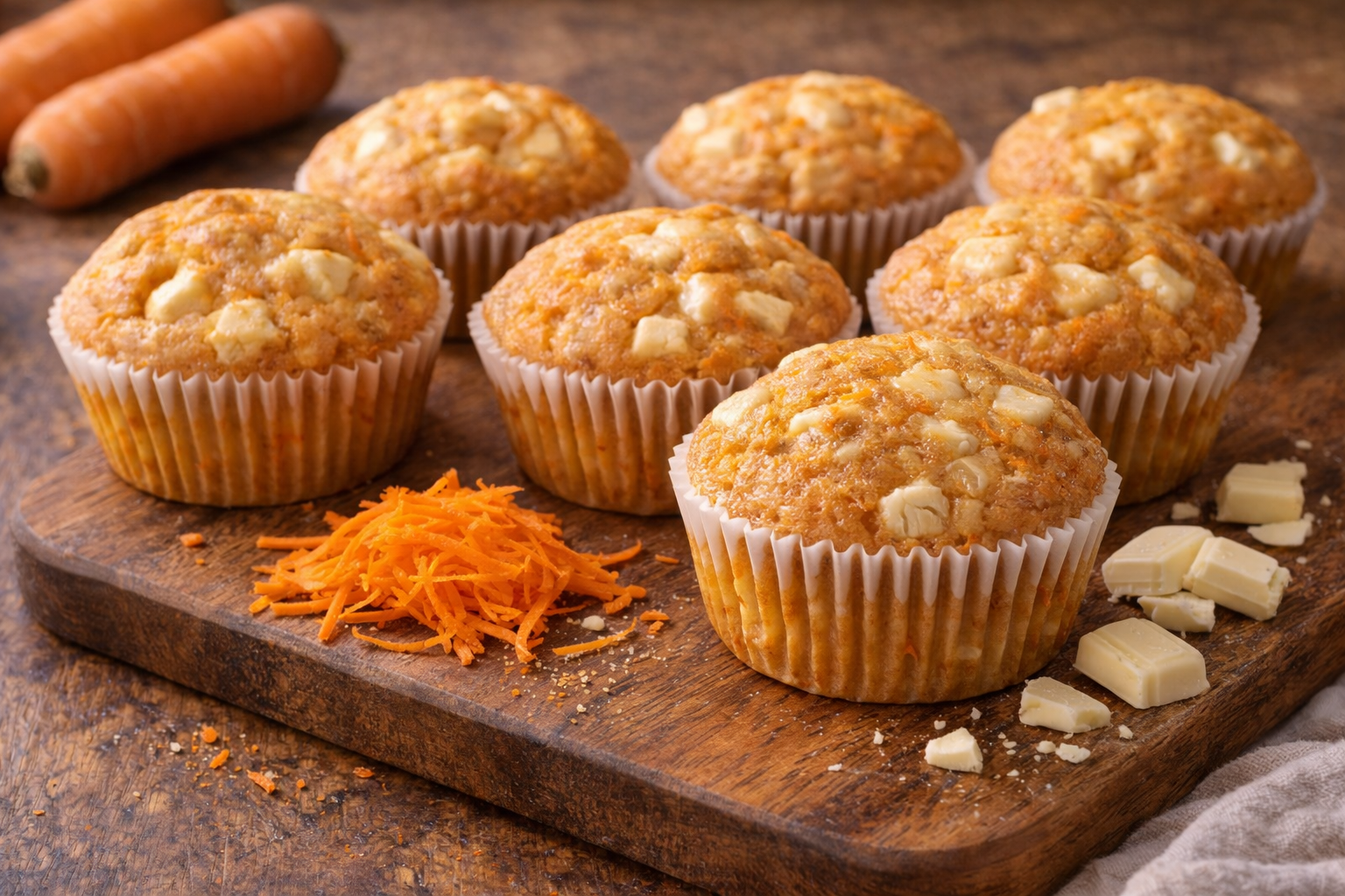 Morkų keksiukai su baltuoju šokoladu: saldus ir minkštas desertas, kuris visada pavyksta