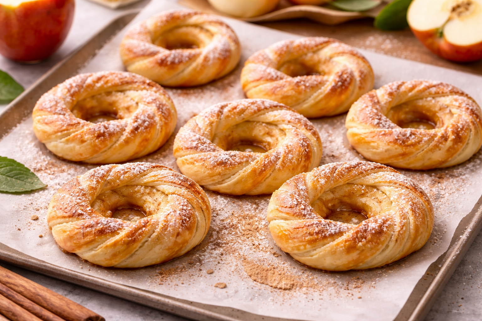 Burnoje tirpstantys obuolių žiedai iš sluoksniuotos tešlos: greitas desertas vos iš kelių ingredientų