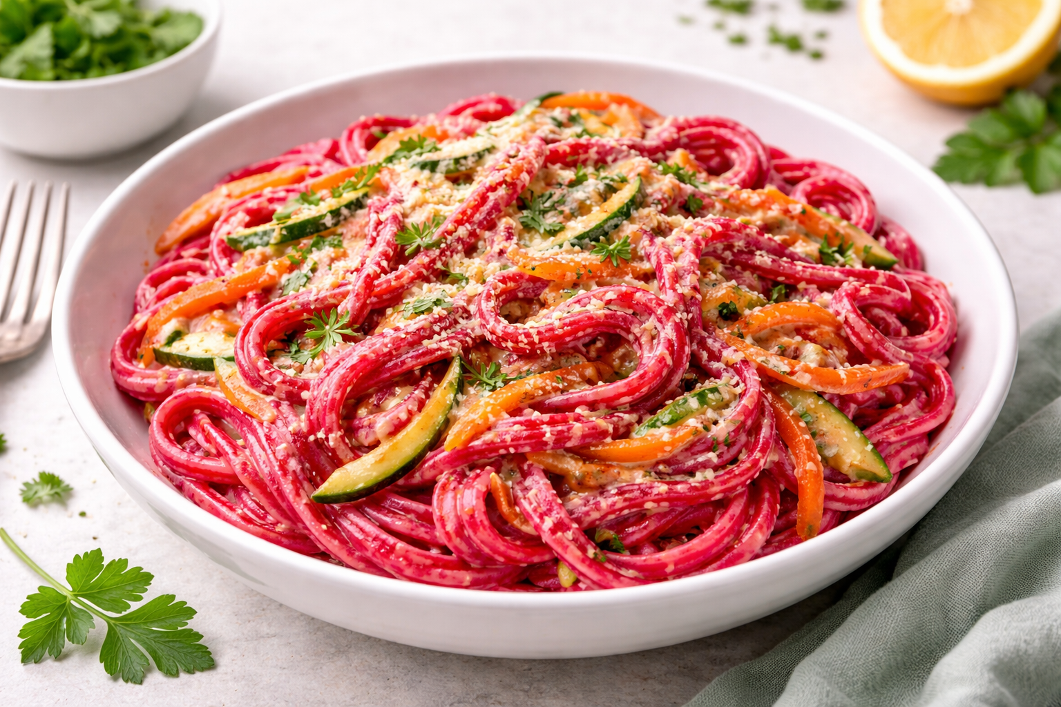 Burokėlių makaronai su daržovių padažu: spalvingas būdas valgyti sveikiau