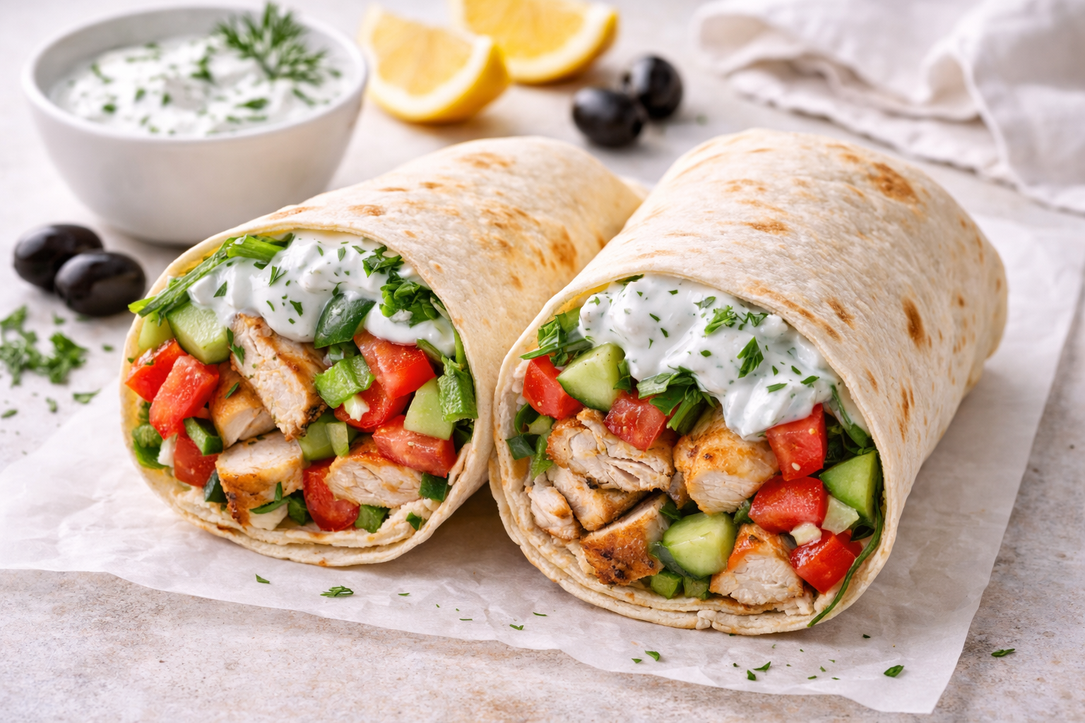 Graikiška tortilija su vištiena: sotus ir subalansuotas patiekalas