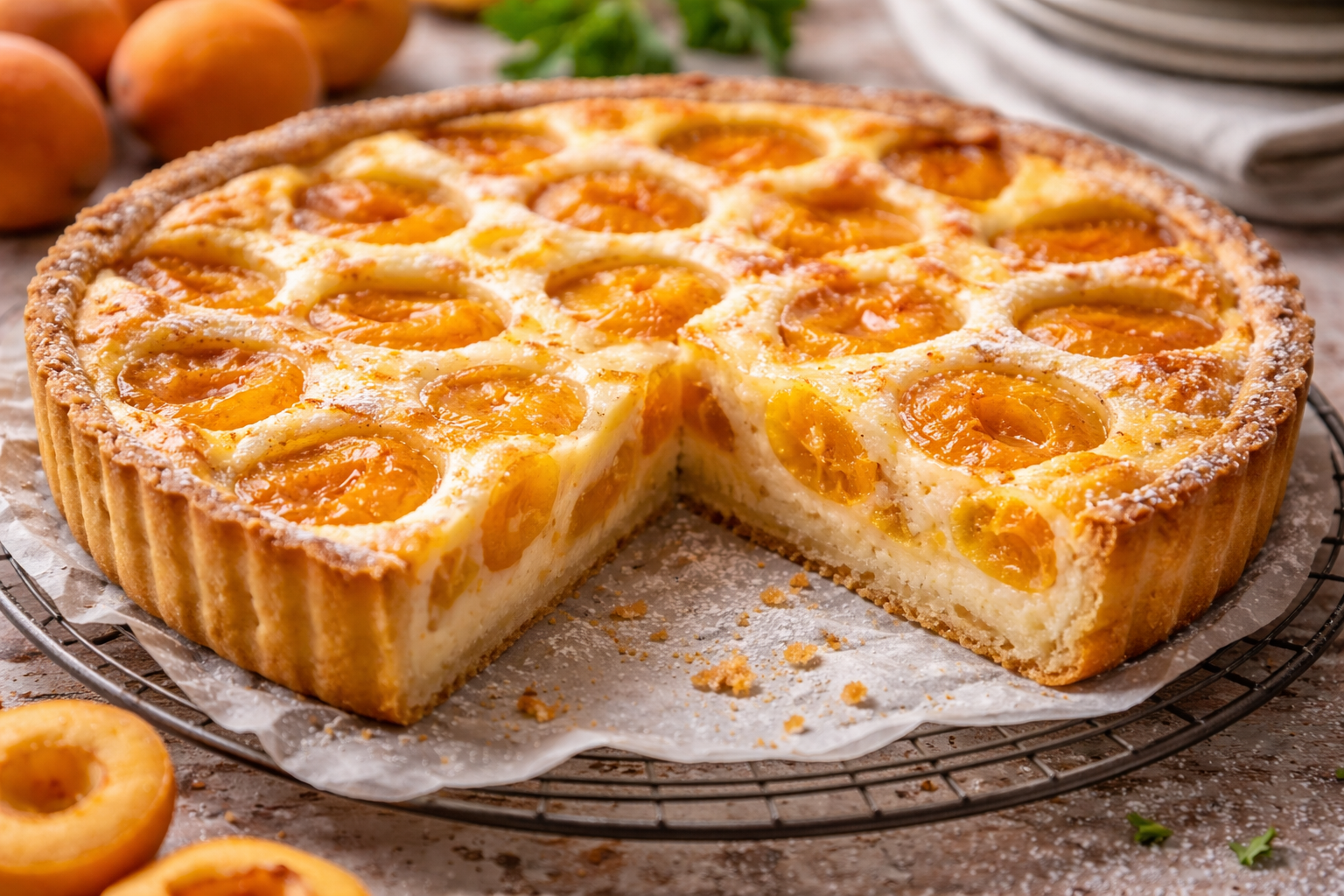Abrikosų pyragas su grietinėlės užpilu: toks skanus, kad dingsta dar šiltas