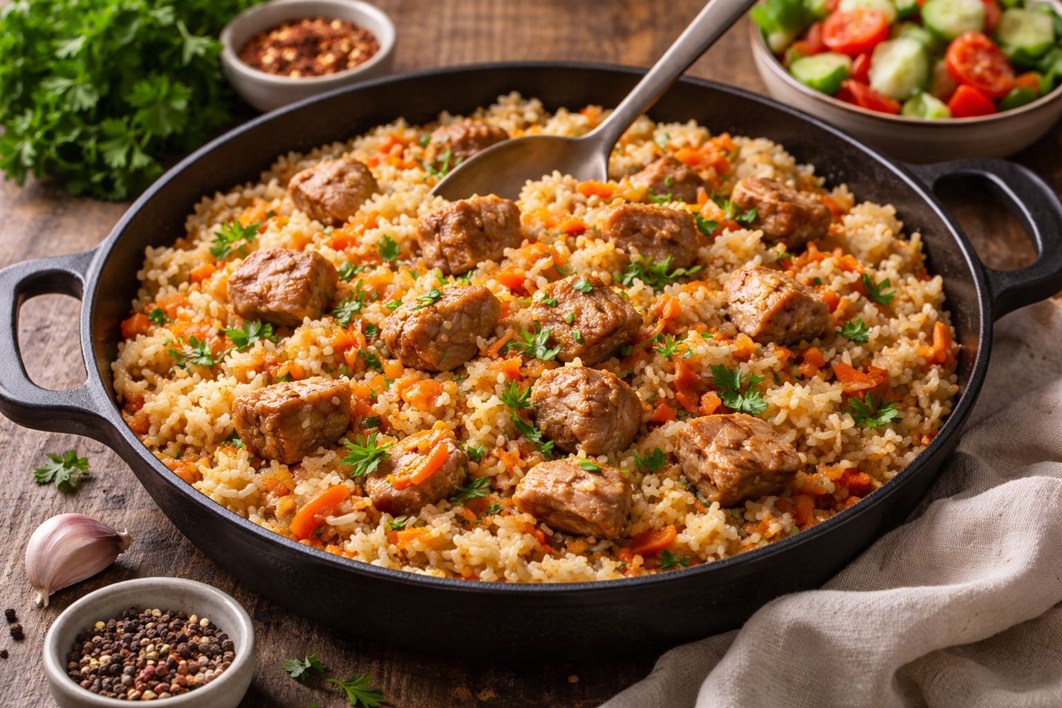 Naminis plovas su kiauliena: sotus ir visada pavykstantis šeimos pietų patiekalas