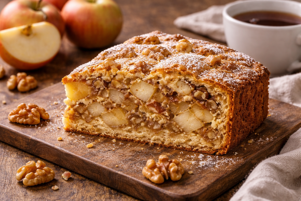 Obuolių pyragas su graikiniais riešutais: sodrus ir kvapnus rudens desertas