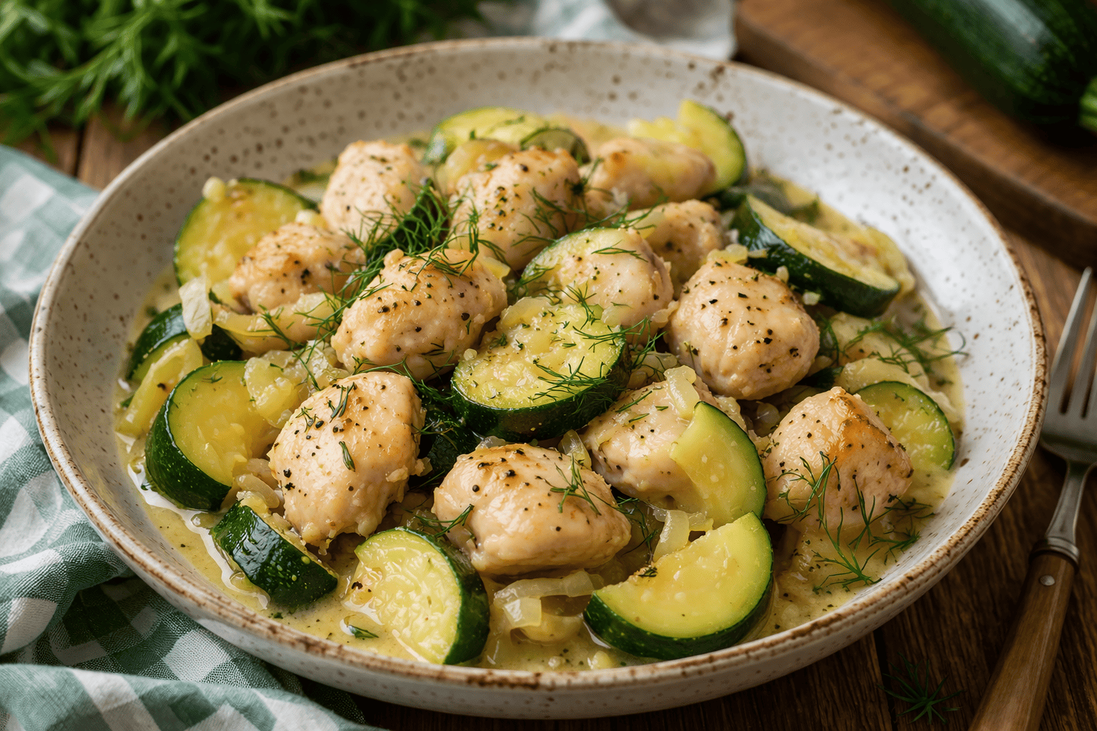 Cukinijos su vištiena – švelnus naminis patiekalas, primenantis vaikystės skonius