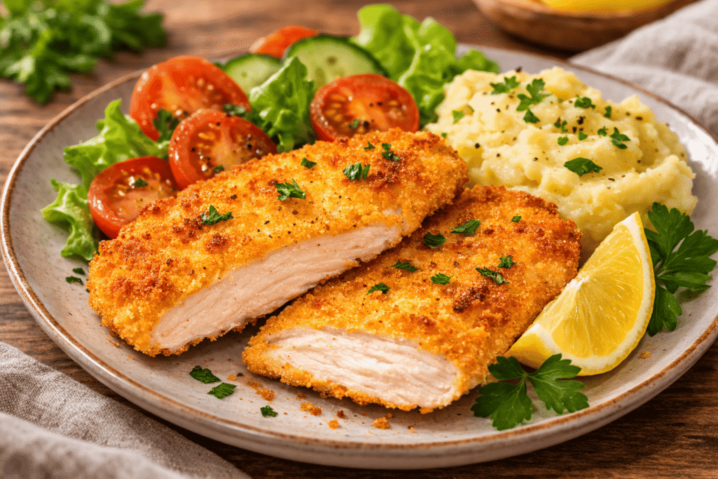 Keptas vištienos šnicelis orkaitėje – traškus be aliejaus