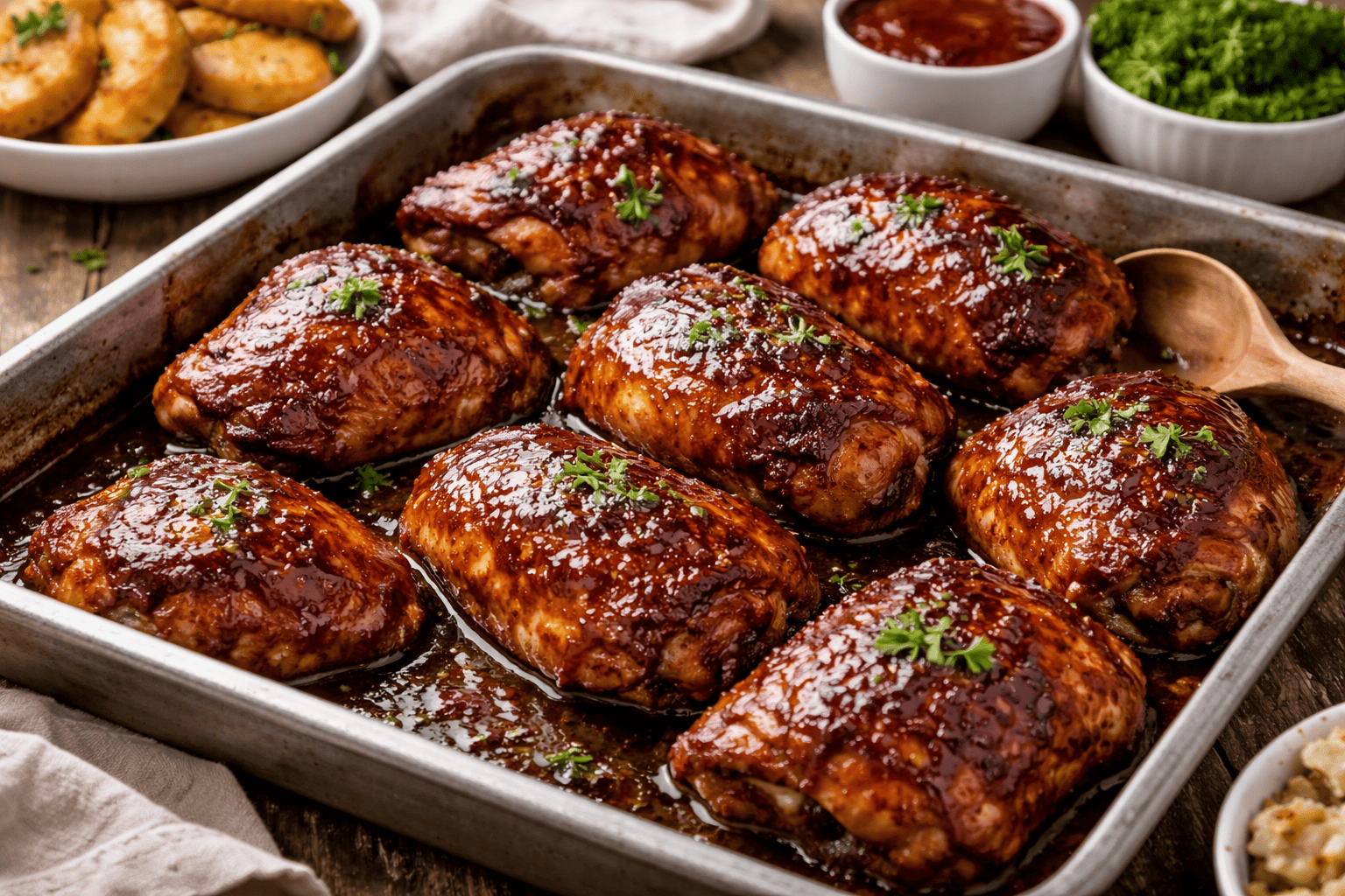 BBQ stiliaus vištienos šlaunelės vakarienei – sultingai ir be didelio vargo