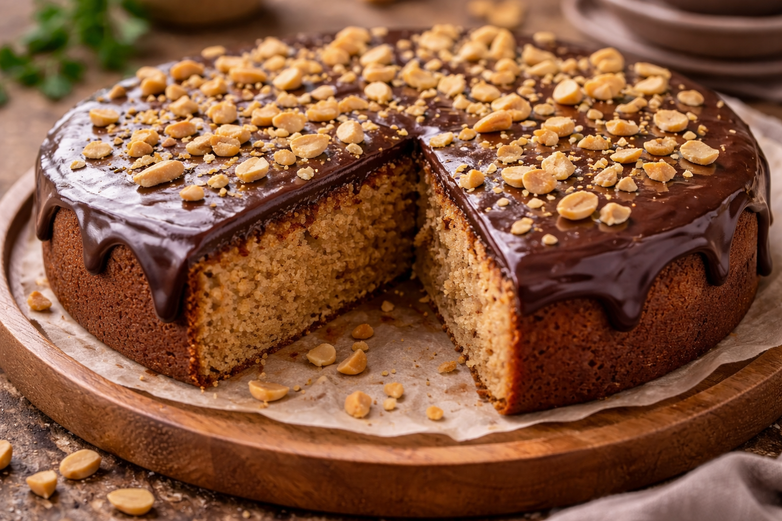 Veganiškas žemės riešutų pyragas su šokoladiniu glaistu: sodrus desertas be pieno produktų