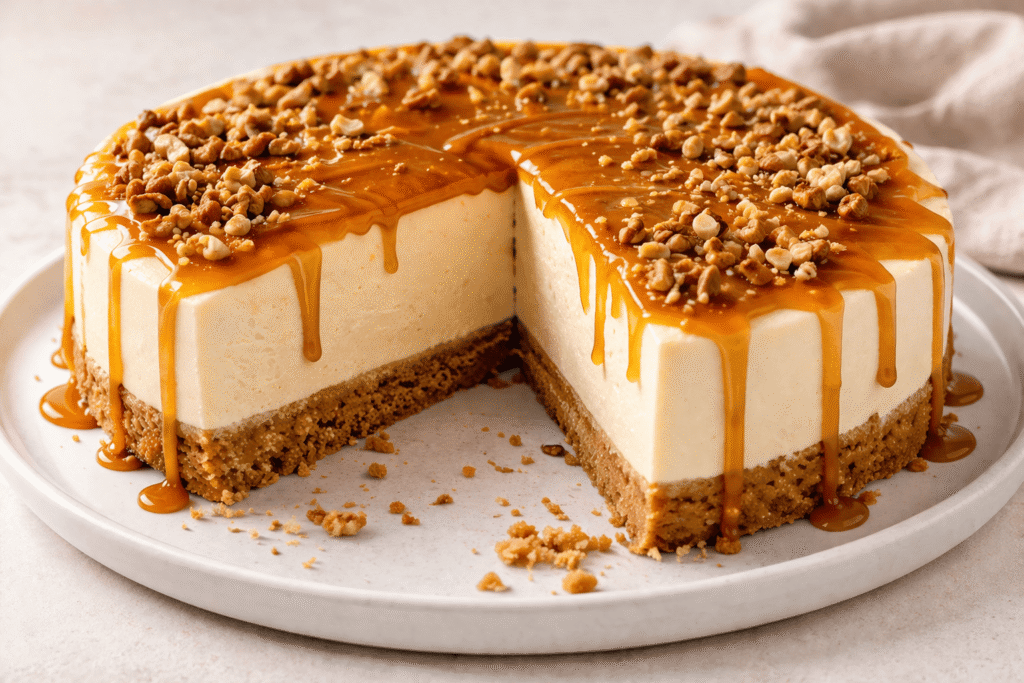 Nekeptas karamelinis sūrio pyragas: lengvas desertas be orkaitės