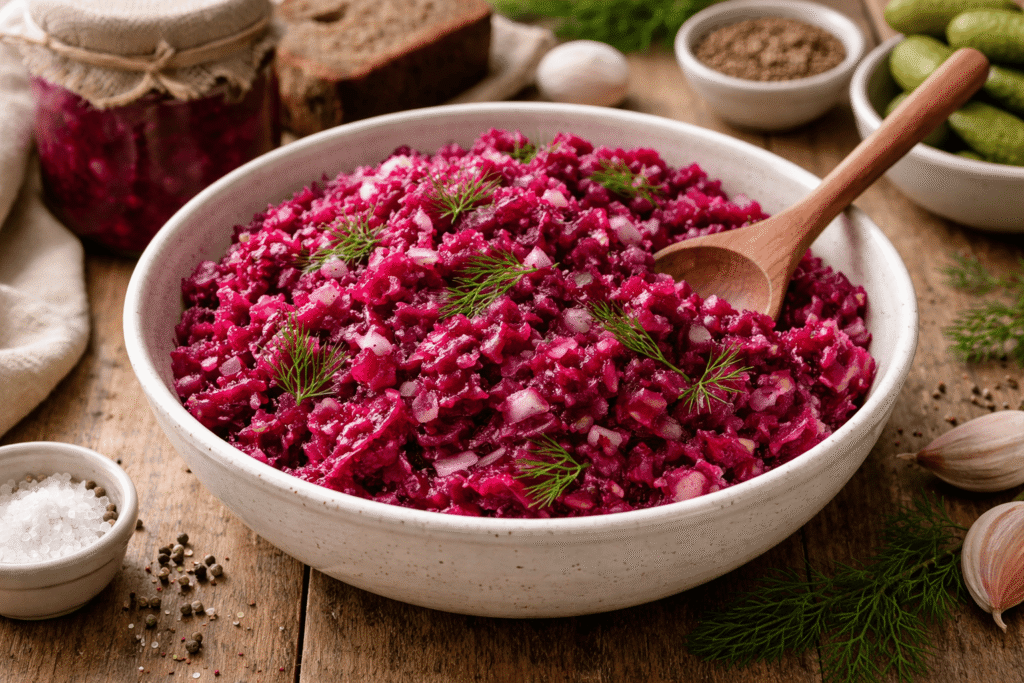 Salotos su senu lietuvišku ingredientu, kurio skonio daugelis pasiilgę