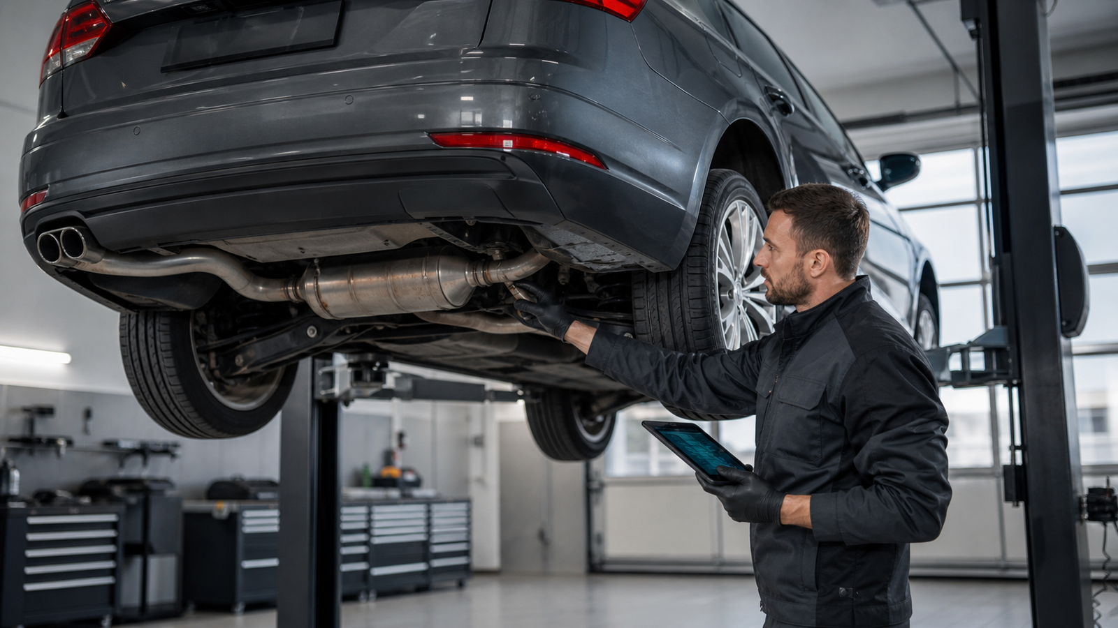 Autoserviso meistras apžiūri dyzelinio automobilio išmetimo sistemą ir tikrina diagnostikos duomenis planšetėje