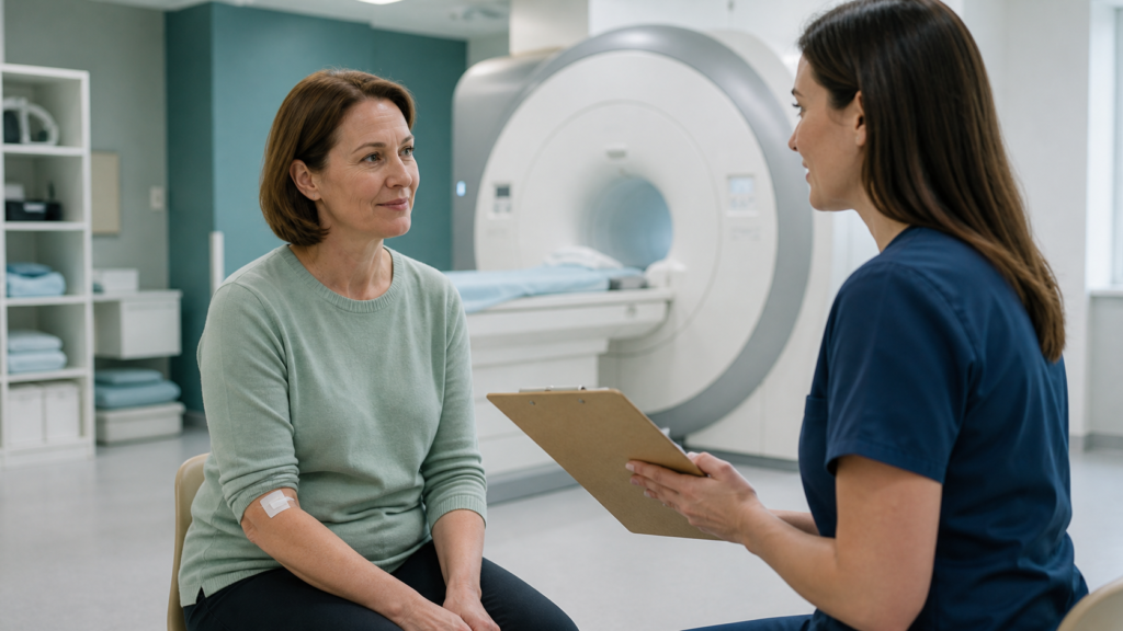 Radiologijos specialistė po magnetinio rezonanso tyrimo ramiai aptaria savijautą su paciente