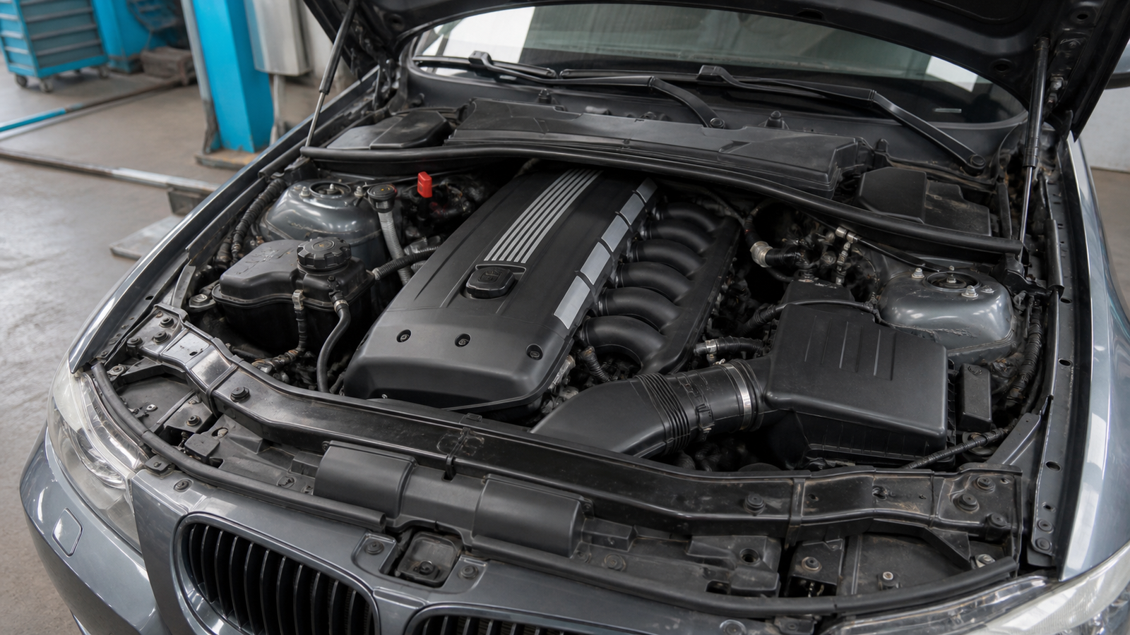 Švarus BMW N52 eilinis šešių cilindrų variklis atidarytame automobilio variklio skyriuje