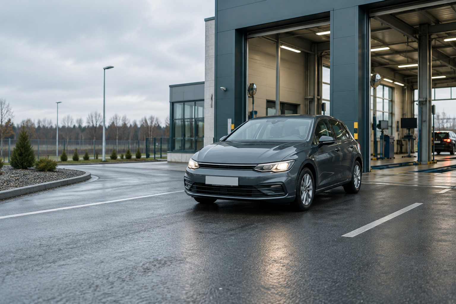 Automobilis prie techninės apžiūros stoties įvažiavimo