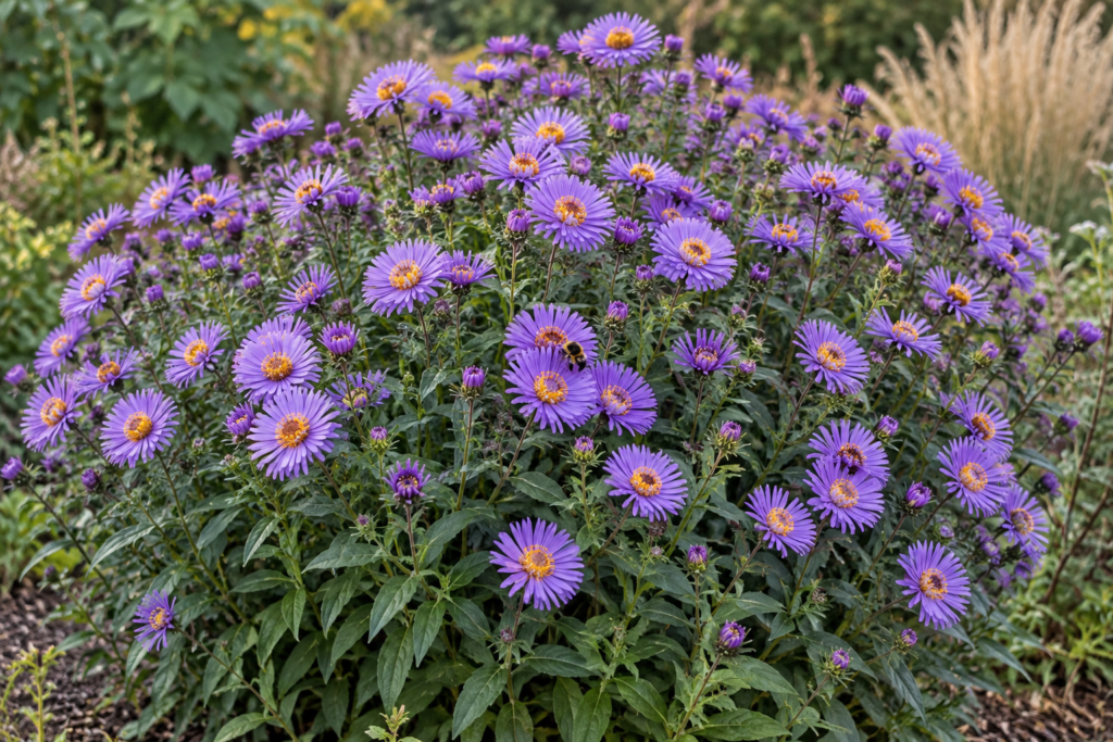 Gausiai žydinčios violetinės rudeninės astros saulėtame sode – DI iliustracija