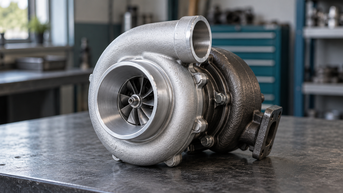 Bendro tipo automobilio turbokompresorius su matoma kompresoriaus sparnuote ant dirbtuvių stalo